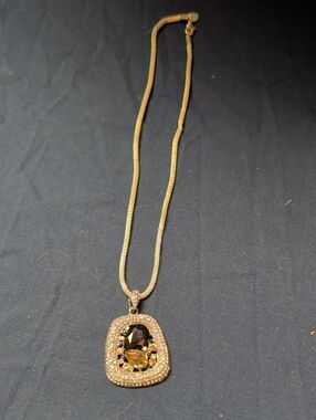 Silver-Tone Pendant Necklace with Black and Amber Stones